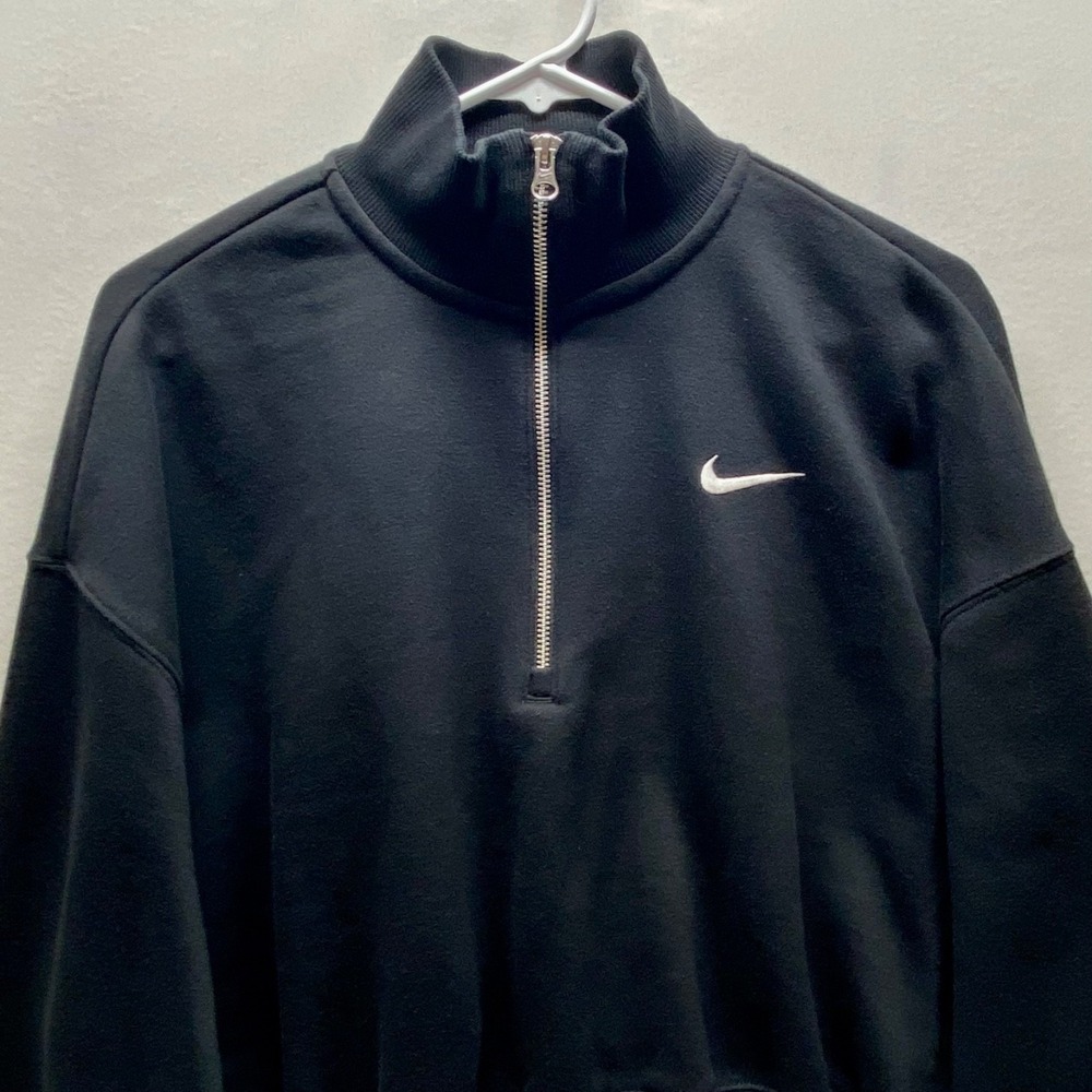 Nike Cropped 1/2 Zip Fleece Women's Large Black Logo Activewear Sweatshirt READ - Picture 2 of 12